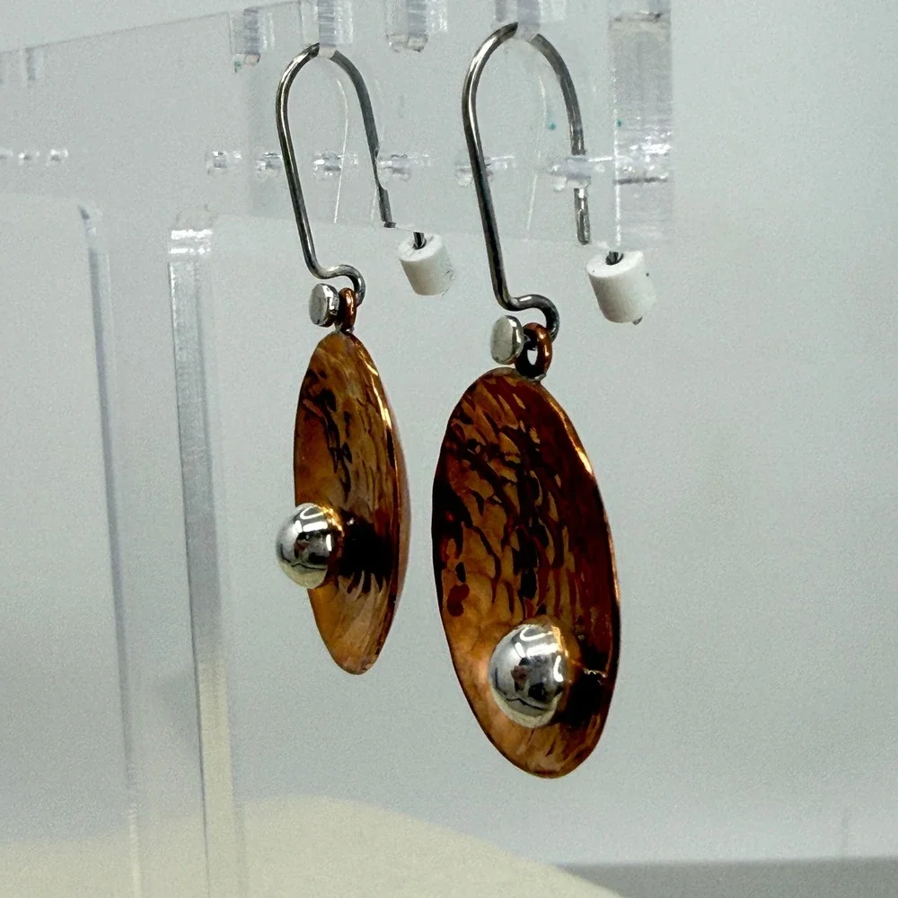 Artisan Hammered Copper‎ Orb Earrings Brutalist Modern Signed